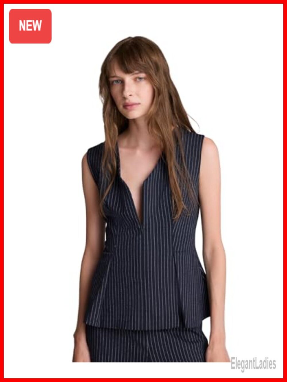 Sleeveless V-Neck Pinstriped Peplum Top Business Casual